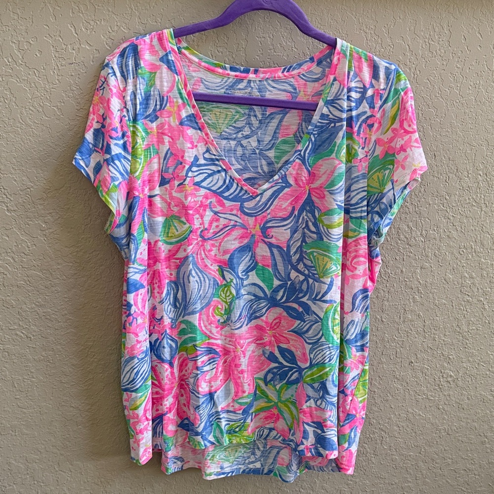 Lilly Pulitzer Pink Blue Green Floral V-Neck Top